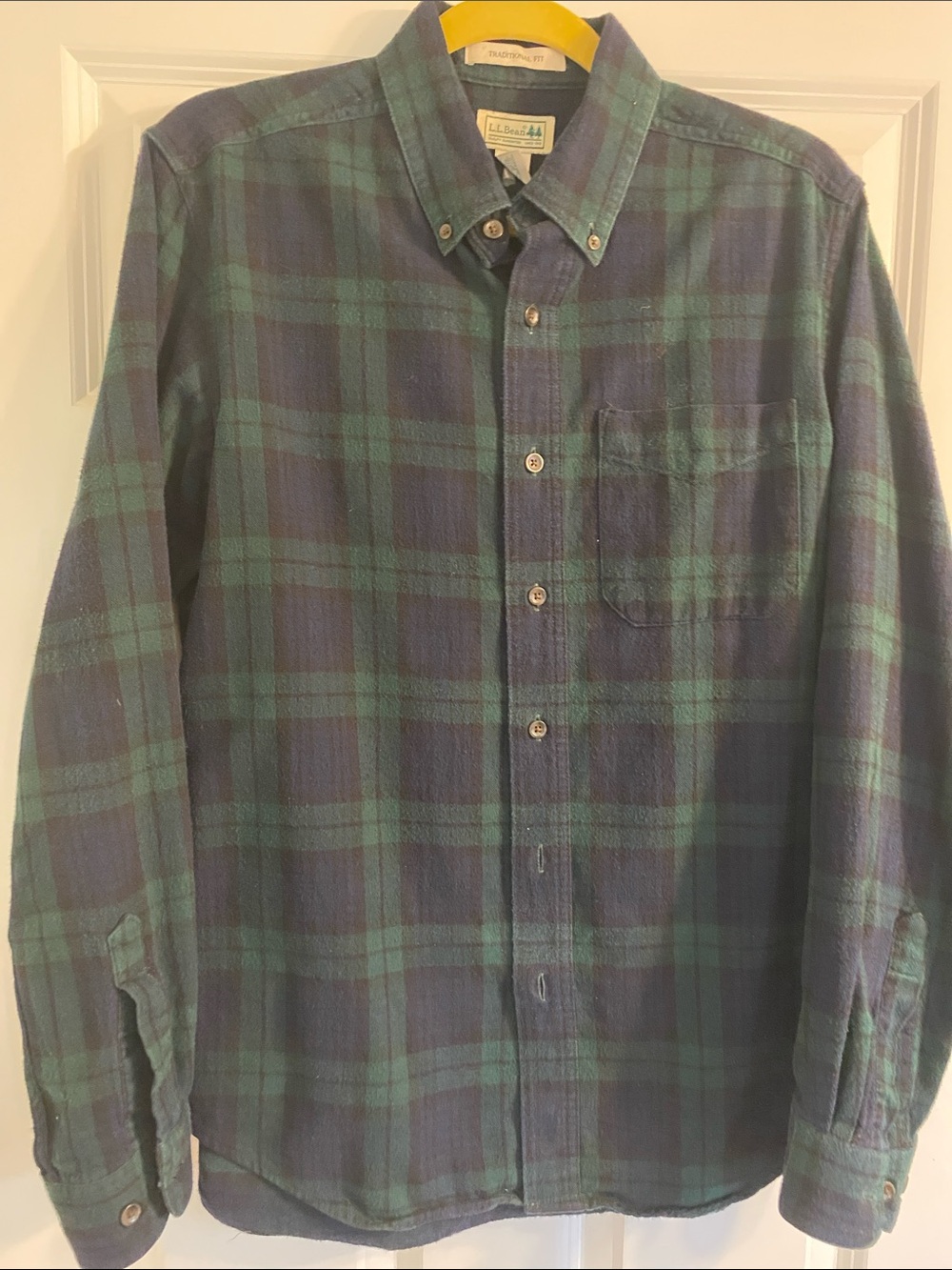 L.L. Bean Men’s Navy and Green Plaid Button-Down Shirt